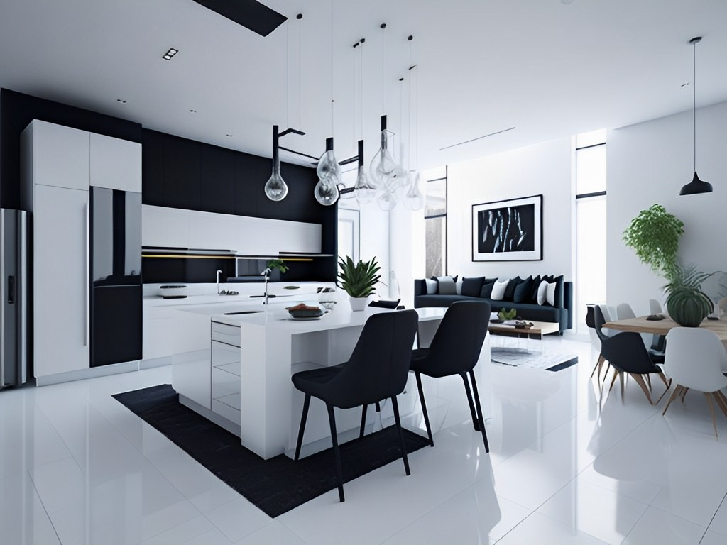 Black And White Open Concept Kitchen Living Room Floor Plans With Peninsula
