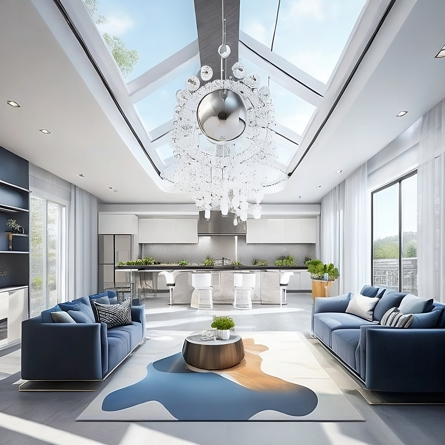 Long Narrow Open Concept Kitchen Living Room With Large Windows
