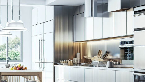 Luxury Metallic Silver Kitchen Cabinets With Pendant Light