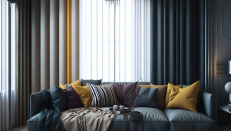 Modern Gray Furniture Design For Living Room With Beige Curtain Color