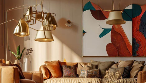 Mid Century Modern Living Room With Tan Sofa And Geometric Rugs