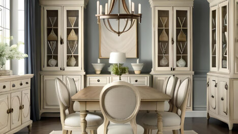 French Country Style Sideboard In Antique White With Distressed Finish For Warm Interior Dining Room Decor