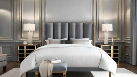 Grey Velvet Adjustable Headboard With Brass Nailhead Details Against Accent Wall