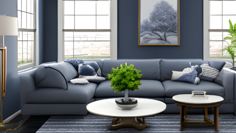 Light Grey Couch On Navy Blue Trellis Patterned Area Rug For Modern Family Room Design