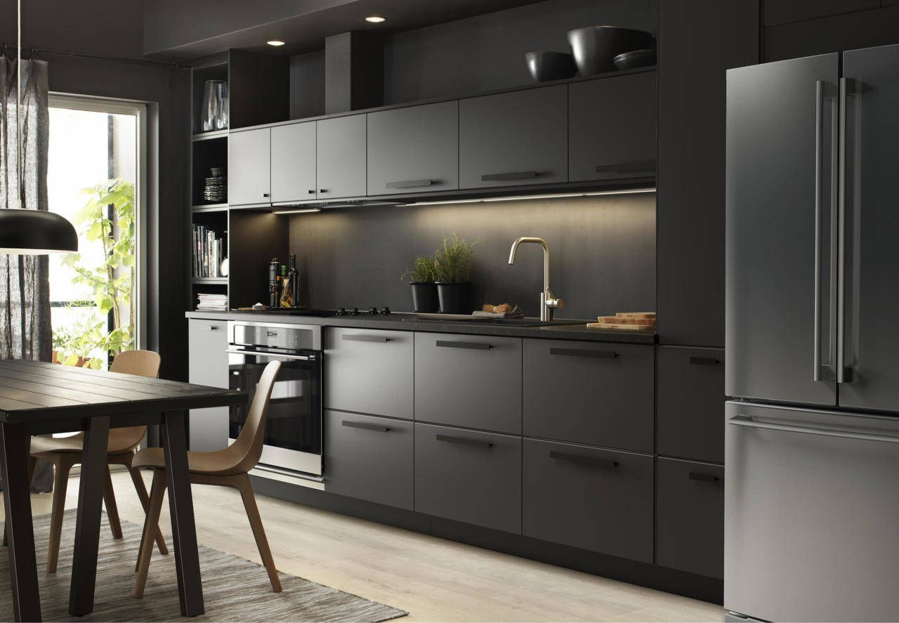 Monochromatic Gray Schemes With Black Appliances For Warm Kitchen Interior