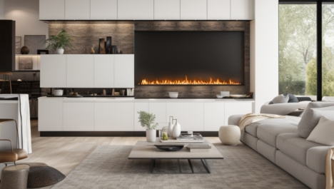 Open Concept Kitchen And Living Room With Wall Gas Fireplace Ideas