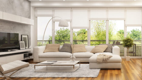 Sleek Beige Couch With Chaise Lounge In Contemporary Open Concept Living Space