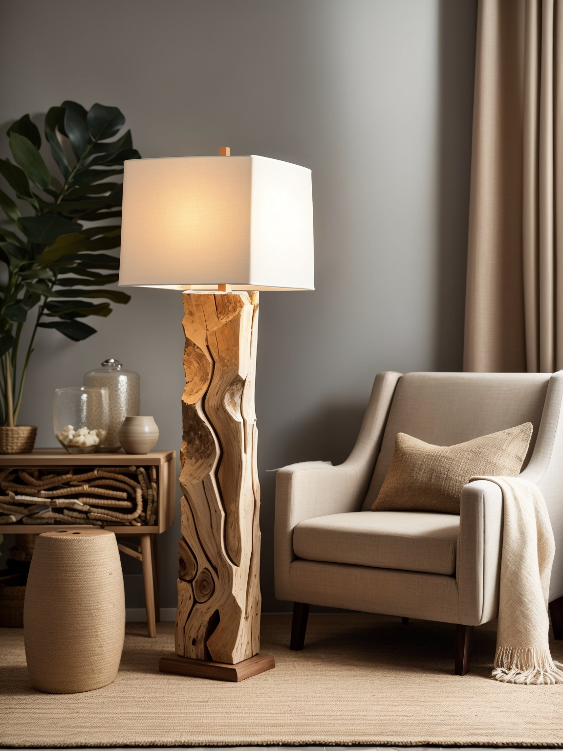Square Drum Shade Floor Lamp With Driftwood Base On Jute Rug