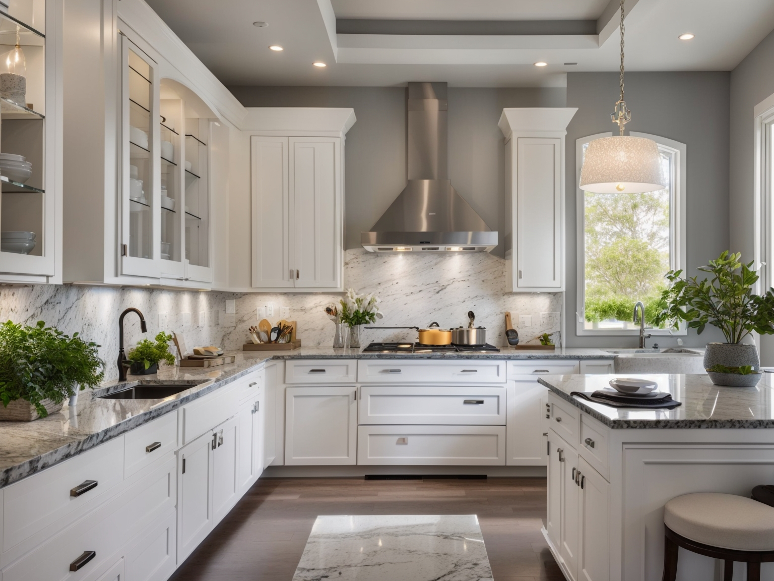 Transitional U Shaped Kitchen With White Painted Cabinets Gray Granite Counters And Pendant Light