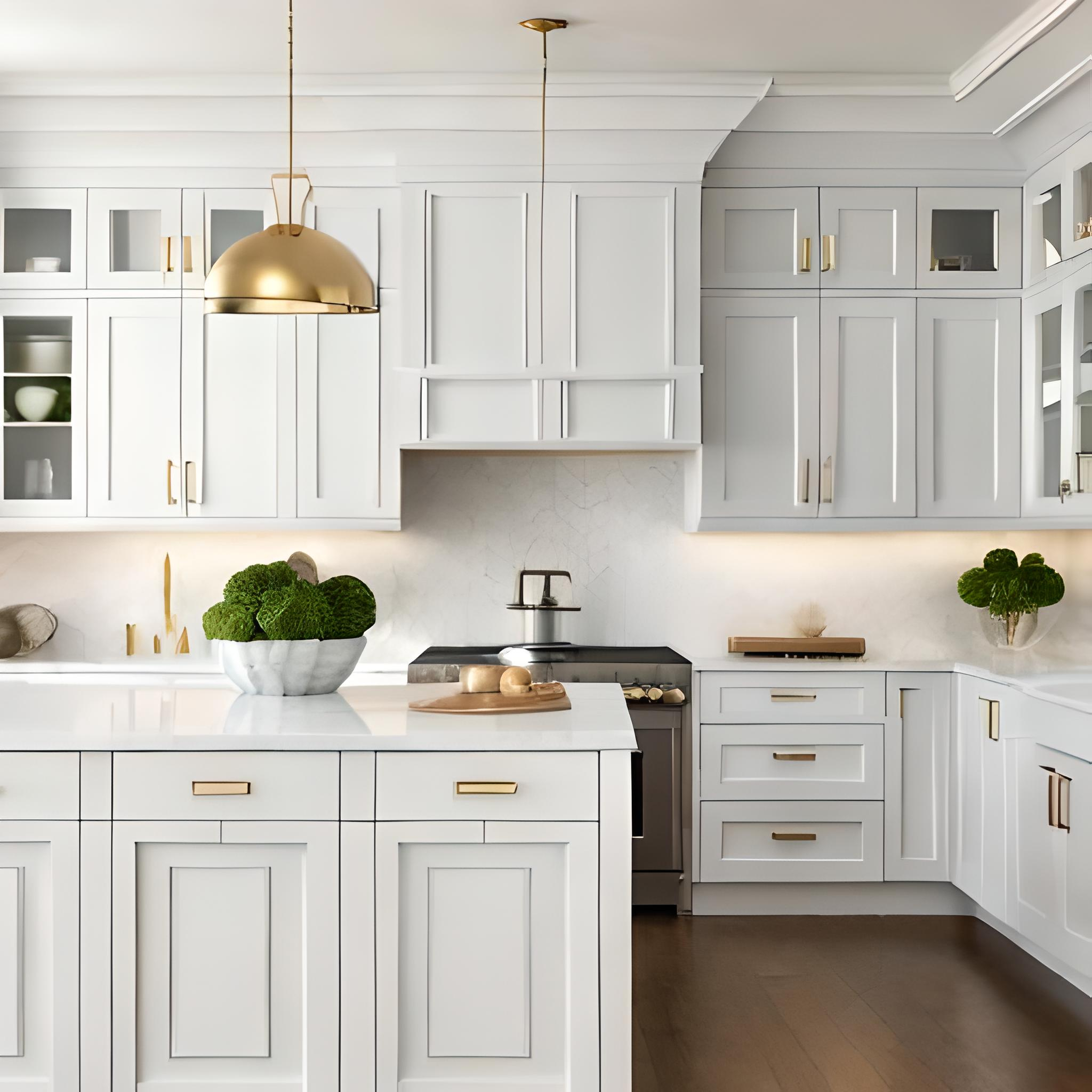 White Shaker Kitchen Cabinets With Brass Hardware Accents And White Subway Tile Backsplash