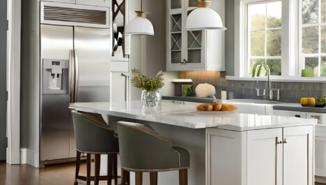 Cozy Kitchen Interior Design With Standard White Cabinet Depth And Pendant Lights