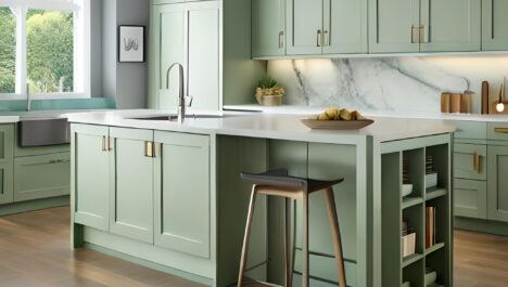 Cozy Light Green Walls For Modern Kitchen With Large Glass Window