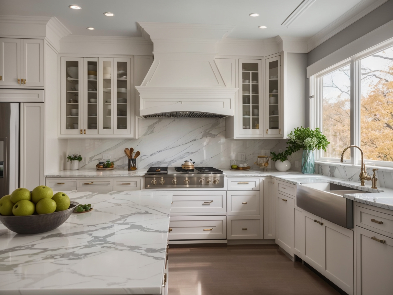 Standard Kitchen Cabinets With Marble Countertops And Glass Front Cabinets