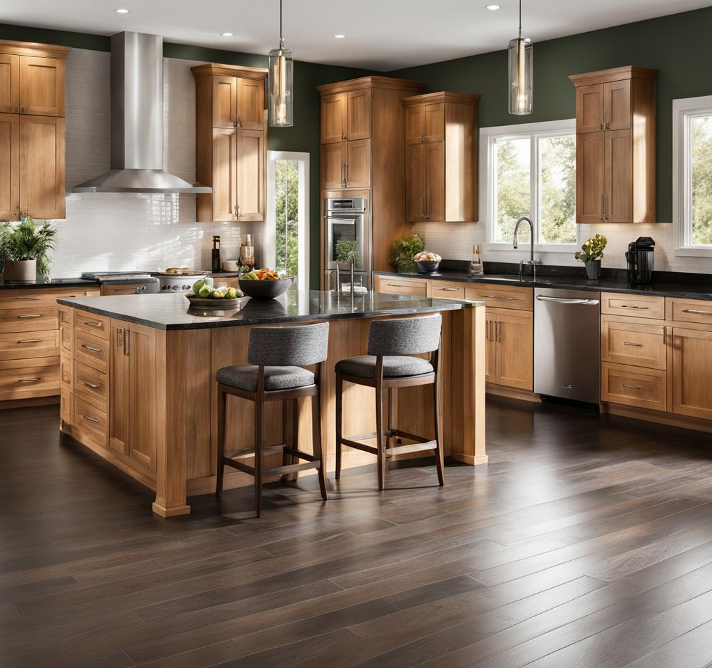 Hickory Kitchen Cabinets With Black Countertops And Hardwood Floor