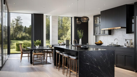 Matte Black Granite Countertops For Modern House Decor With Large Glass Windows