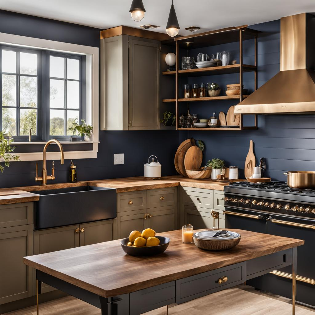 Navy Blue Matte Finish Kitchen Wall With Oak Cabinets