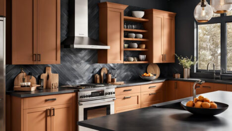 Warm Metal Finishes In A Kitchen With Oak Cabinets