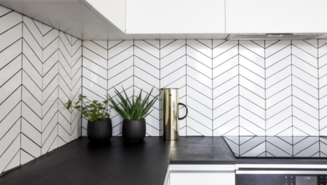 Cozy White Tiles Black Grout Kitchen