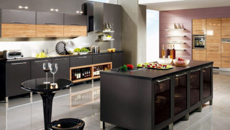 Maple Slate Kitchen Cabinets With Mini Fridge In Island