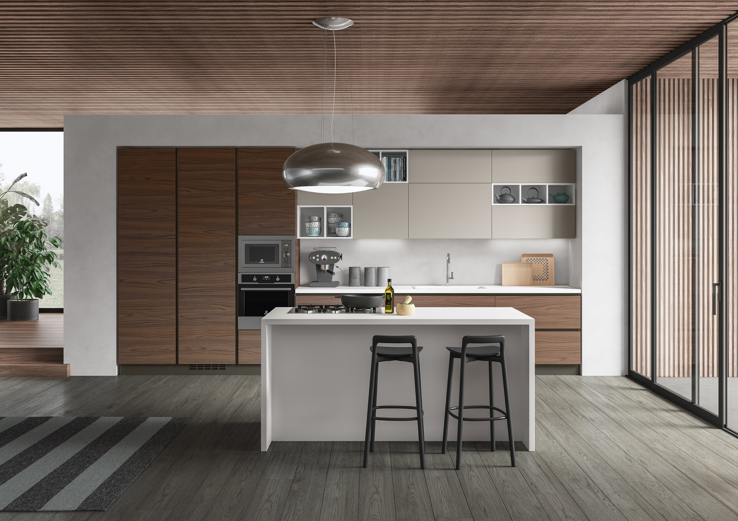 Modern Walnut Kitchen Cabinets With White Countertops
